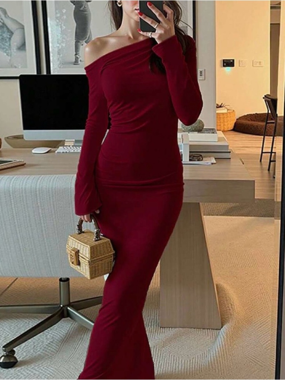 Asymmetrical One-Shoulder Long Sleeve Bodycon Dress in Deep Red - Picture 2 of 3